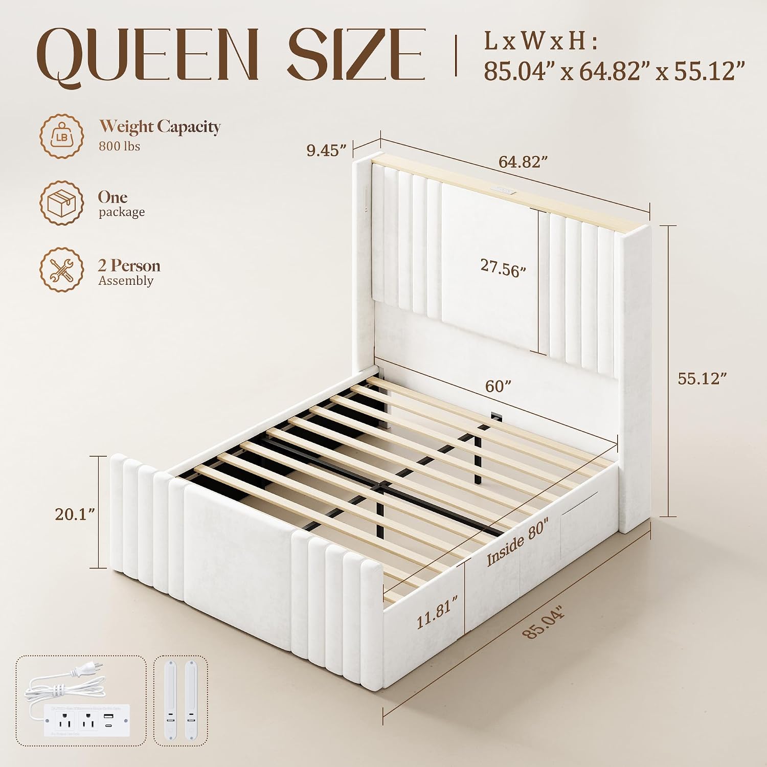 Queen Bed Frame with 55.1' Tall Headboard, Velvet Upholstered Platform Bed with Channel Tufted Wingback, 2 Reading Lights/Storage Shelf/Charging Station/Easy Assembly/Noise-Free, Cream