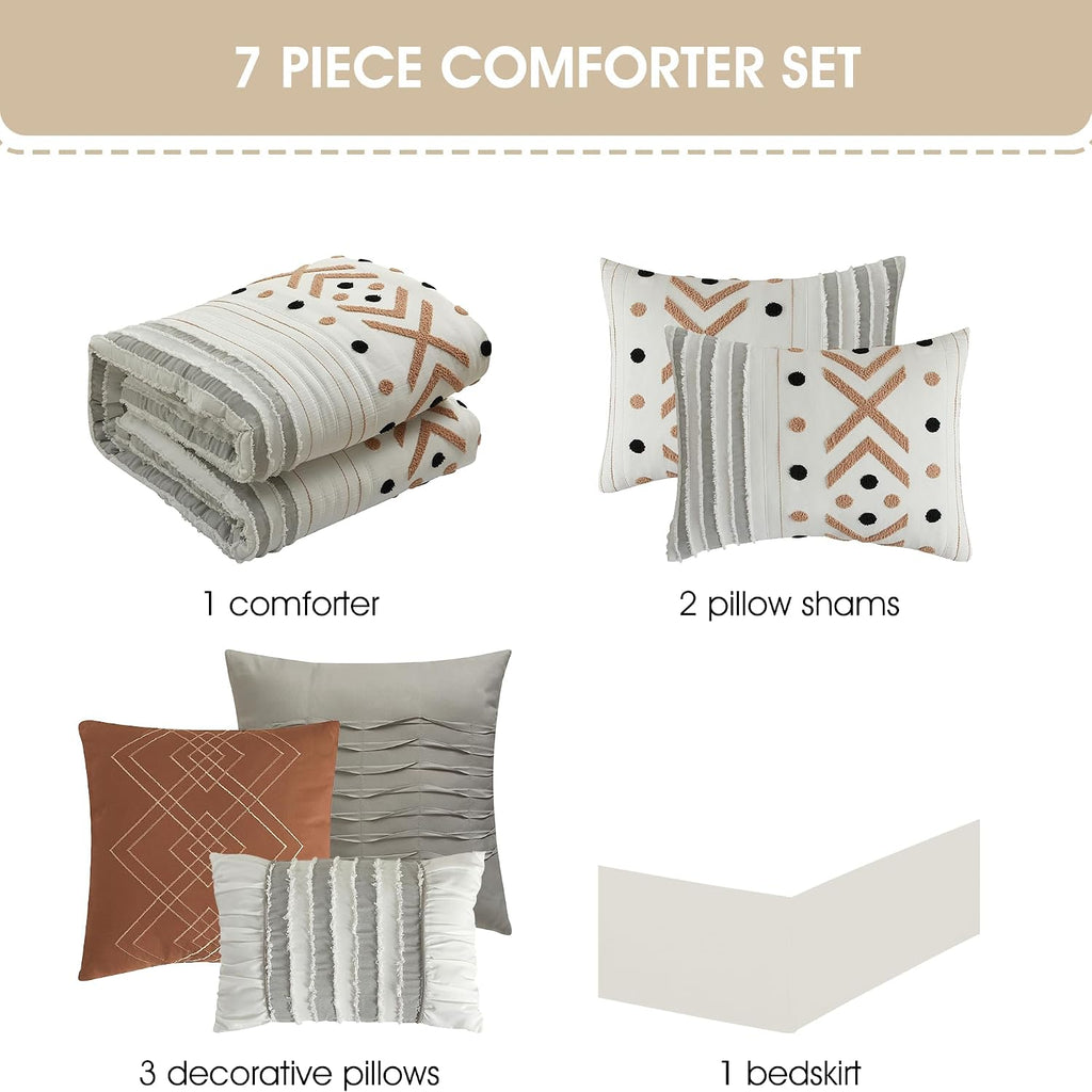 Stratford Park Taupe Terry Embroidery Comforter Set California King Size, 7 Piece Geometric Bedding Set, All Season Home Decor, Matching Pillow Shams, Bedskirt, Decorative Pillows