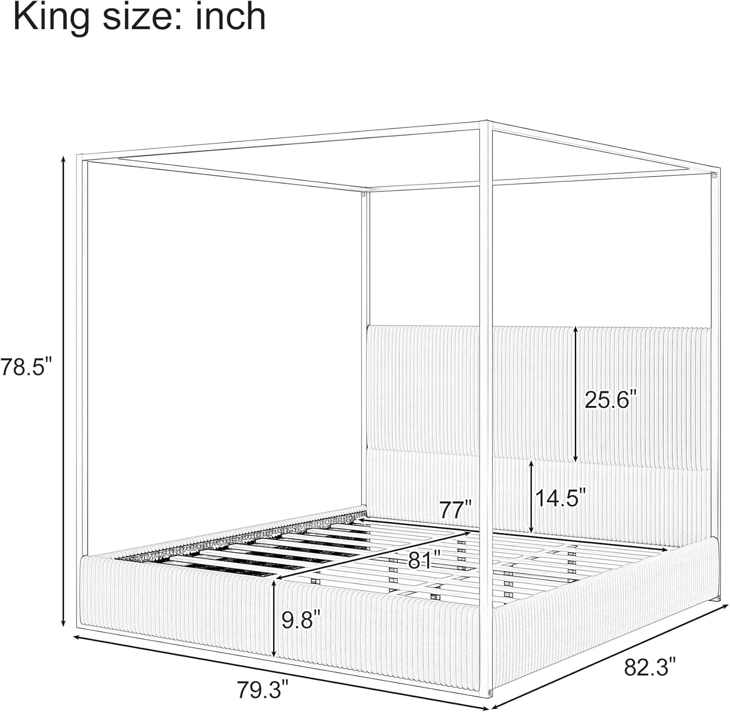 Four Poster King Bed Frame - Modern Metal Canopy Design with Tall Upholstered Headboard, Luxury Master Bedroom Furniture (Beige,Gold, King)