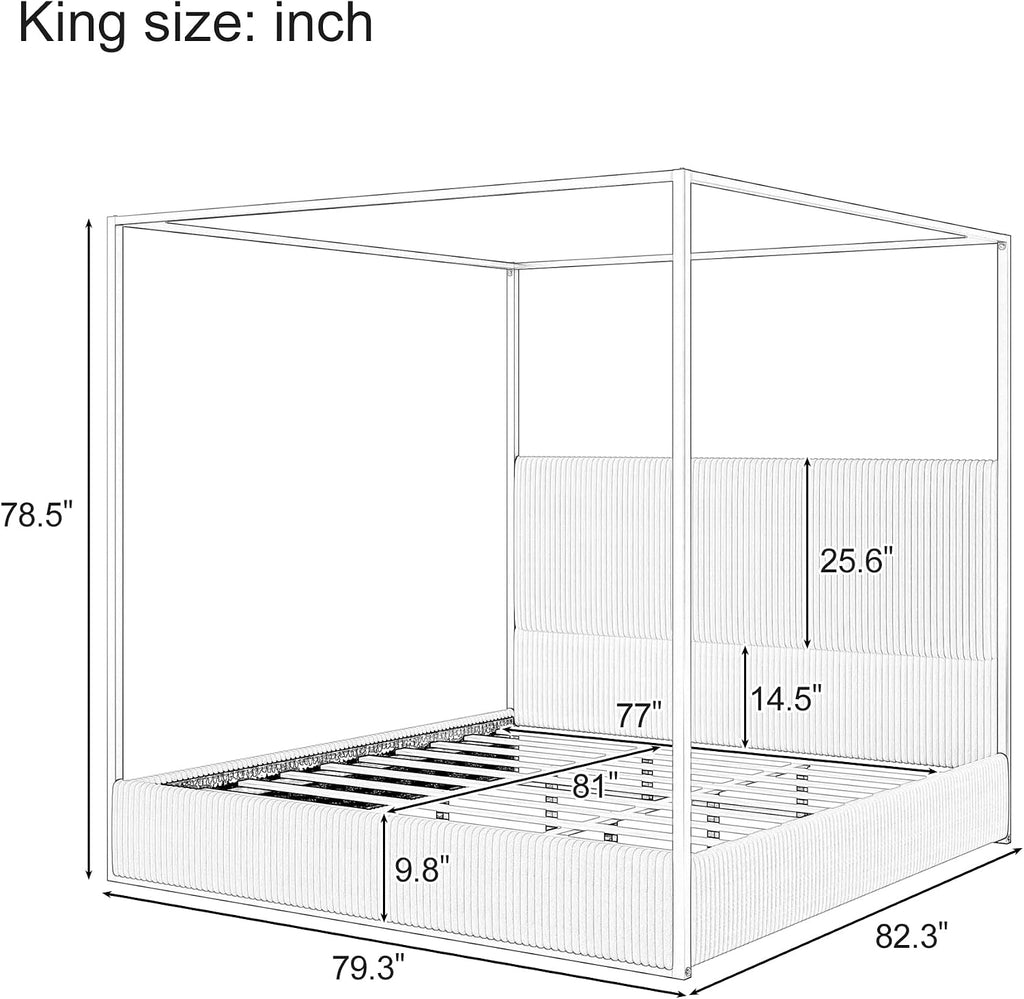 King Size Metal Canopy Bed with Tall Upholstered Channel Headboard and Gold 4 Poster, No Box Spring Needed (White+ Black, King)