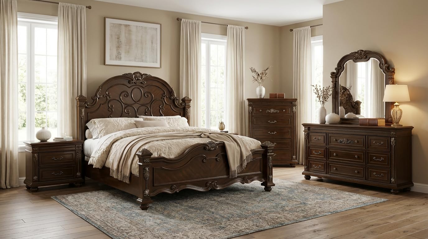 First of a Kind Isabella Traditional 5 Piece King Bedroom Set with Upholstered Tufted Headboard Elegant European Inspired Design Coordinated Furniture Collection