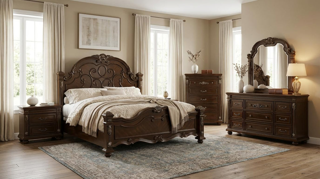 First of a Kind Isabella Traditional 5 Piece Queen Bedroom Set with Upholstered Tufted Headboard Elegant European Inspired Design Coordinated Furniture Collection