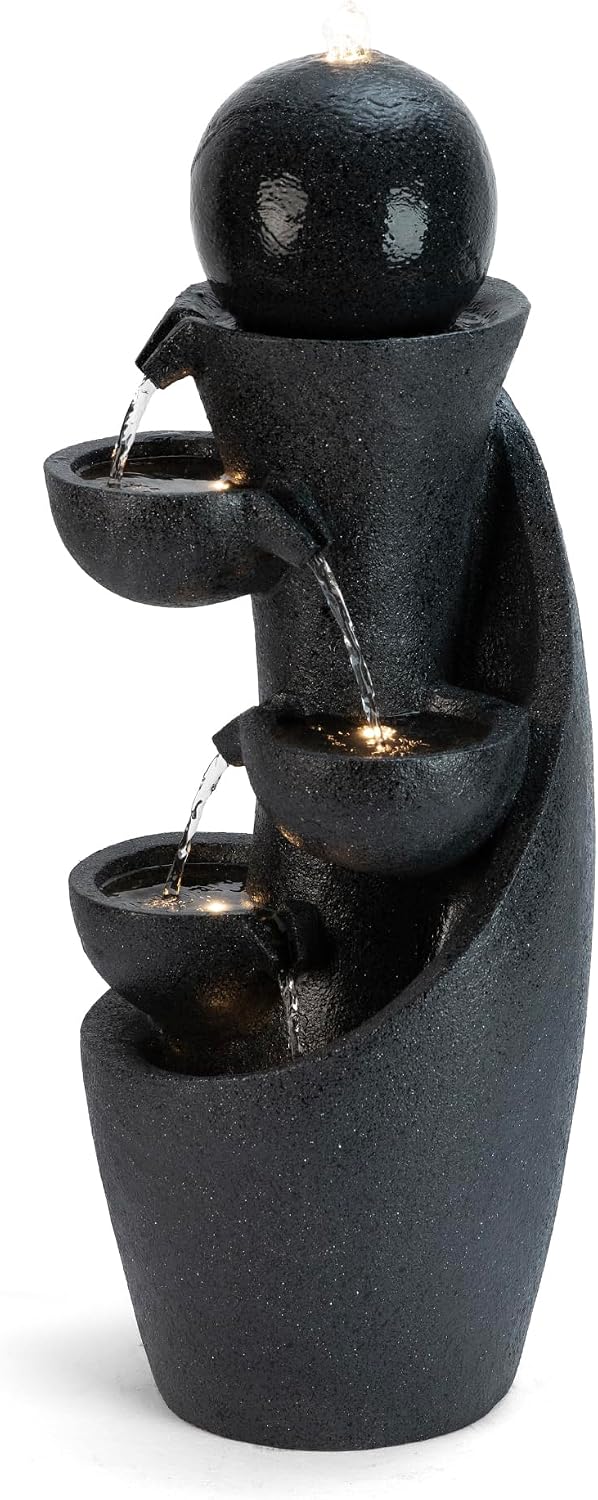 Glitzhome Outdoor Water Fountain with LED Light & Pump, Modern 5-Tier Bowl and Sphere Polyresin Outdoor Fountain, 33.5' Cascading Waterfall Fountain Water Feature for Porch Deck Patio Backyard Decor