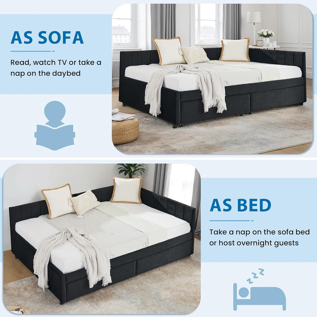Daybed with Storage Drawers,Full Size Daybed with Stripes,Velvet L-Shaped Corner Bed Frame,Wood Day Bed Frame,Upholstered Sofa Bed for Living Room/Bedroom/Guest Room,No Box Spring Needed,Black
