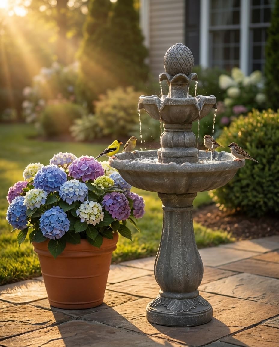 42.2'' Tall 3 Tiered Outdoor Water Fountain, Like Stone Bird Bath Fountain, Elegant Cascading Waterfall Water Feature Decor for Garden, Yard, Patio Landscape Ornament (Grey)