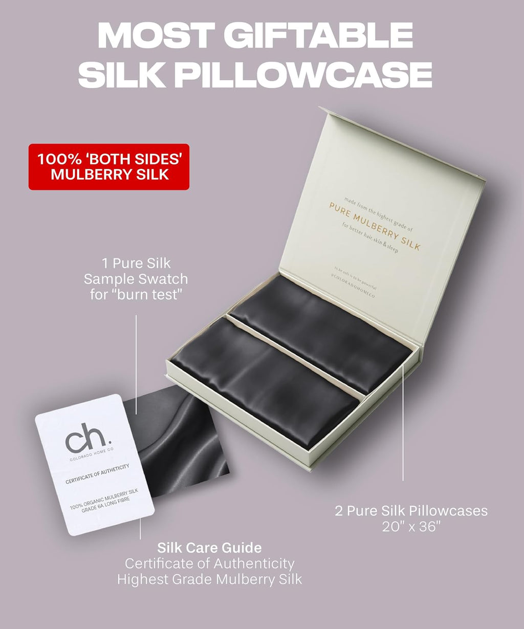 SUNDAYSILKS™ | Silk Pillow Cases 2 Pack | 22 Momme Mulberry Silk Pillowcase Set of 2 | All Sides 100% Pure Silk Slip Pillowcases Bliss for Women, Zipper | Standard Queen, King Size [Midnight Black]