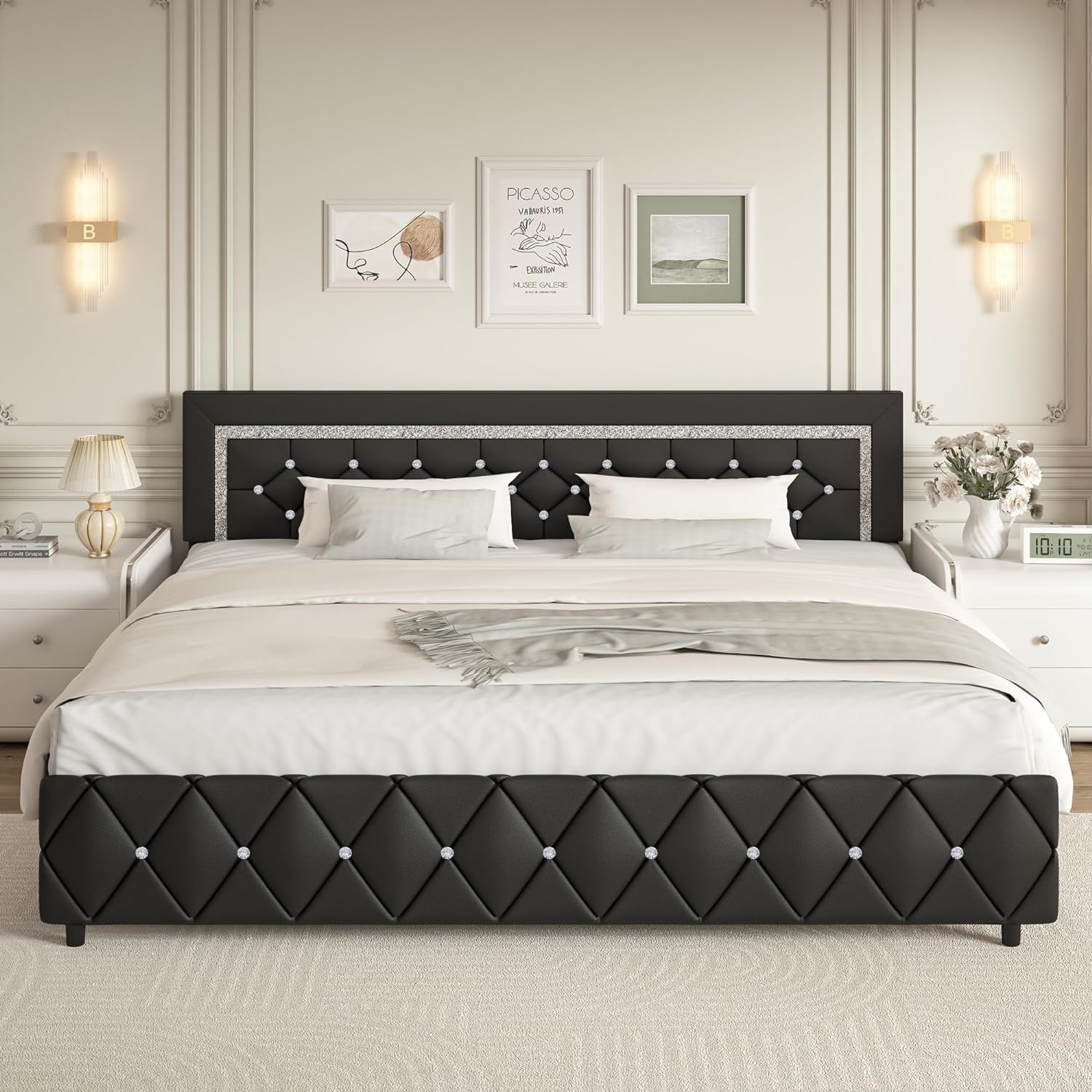 BarnFurin King Size Bed Frame and Headboard, Faux Leather Upholstered Bed with Diamond Tufted Design, Modern Platform Bed Frame with Wooden Slats Support, No Box Spring Required, Easy Assembly, Black