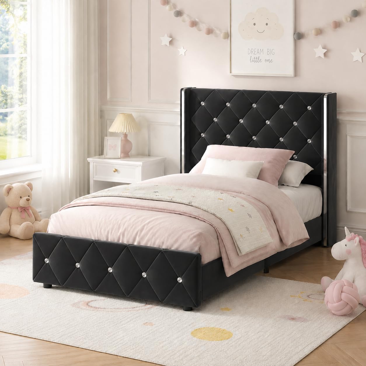 Twin Bed Frame with Headboard, Upholstered Platform Twin Bed Frames with Diamond Tufted Wingback Headboard, 600lbs Heavy Duty Support, Sliver Metal Edge Accents, No Box Spring Needed, Black Velvet