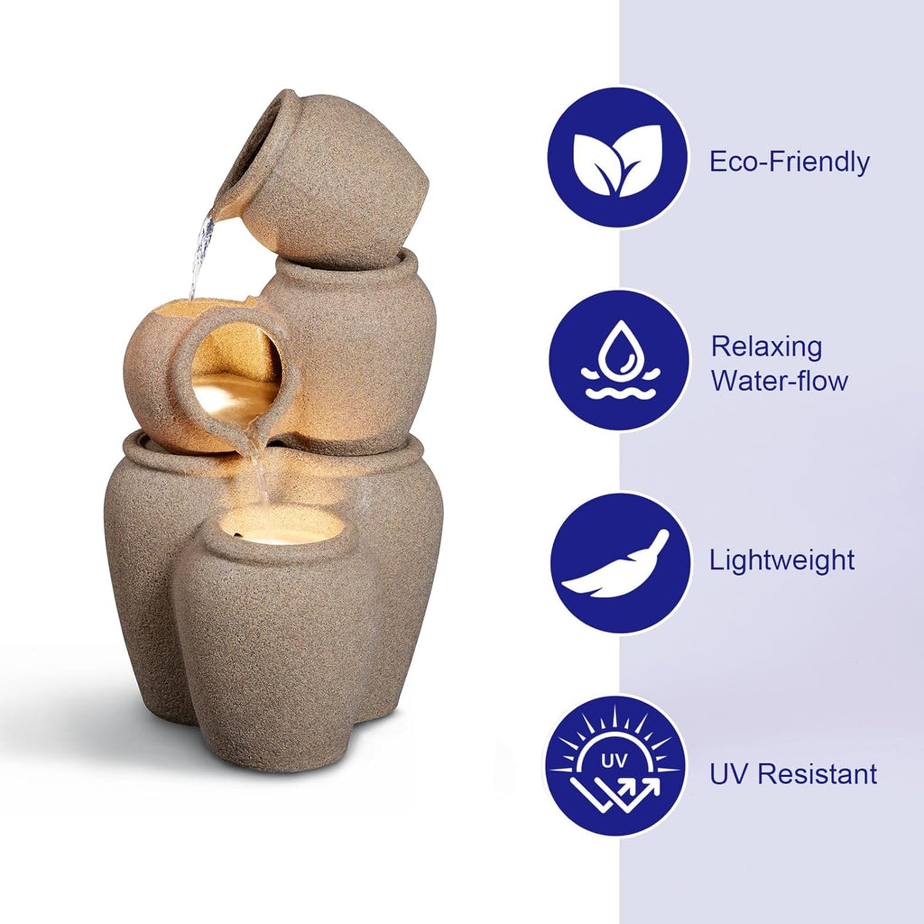 29.53' H 3-Tiers Cascading Jars Outdoor Water Fountain Made with Eco-Friendly Recyclable Materials, Polyethylene Waterfall Fountain, Outdoor Decor with LED Lights for Patio, Backyard