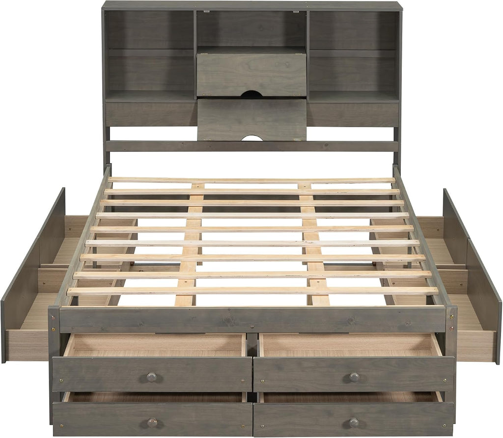 VilroCaz Wood King Size Platform Bed with Storage Headboard, Modern Platform Bed Captain's Bed Frame with 8 Drawers, Sturdy Slats Support, Maximize Space (Grey-M3, King)