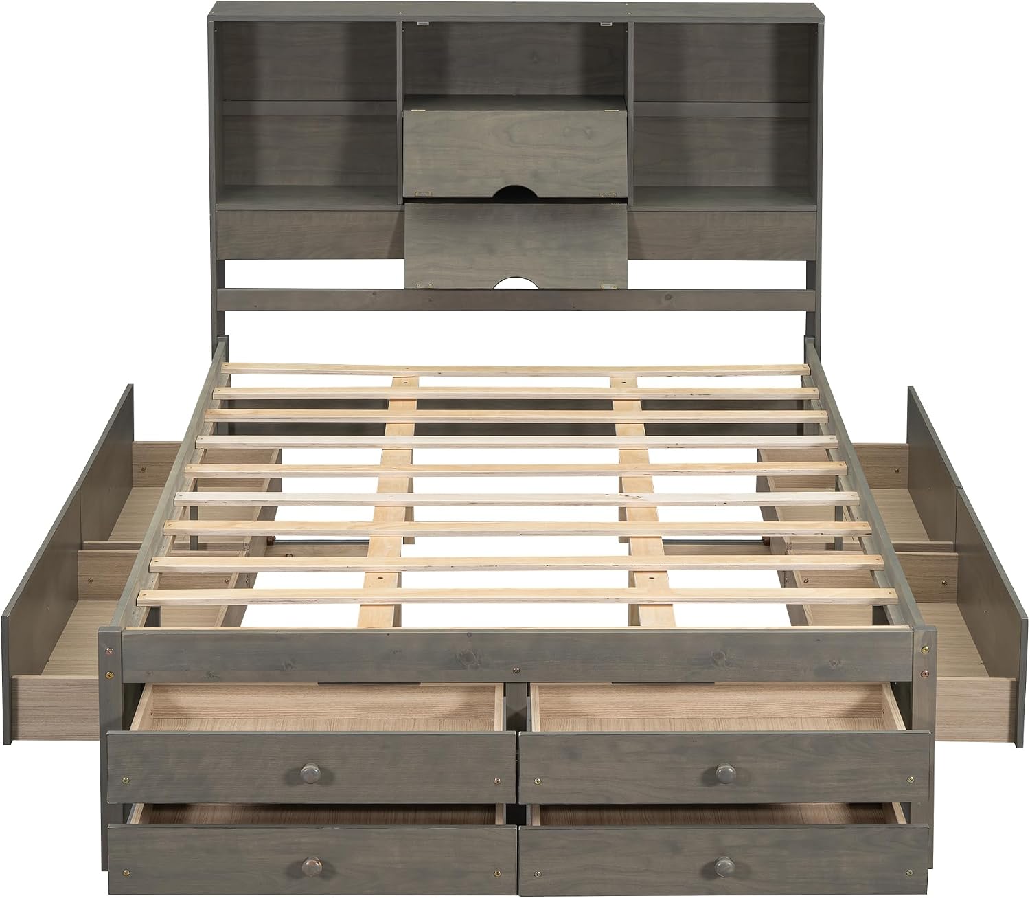VilroCaz Wood King Size Platform Bed with Storage Headboard, Modern Platform Bed Captain's Bed Frame with 8 Drawers, Sturdy Slats Support, Maximize Space (Grey-M3, King)