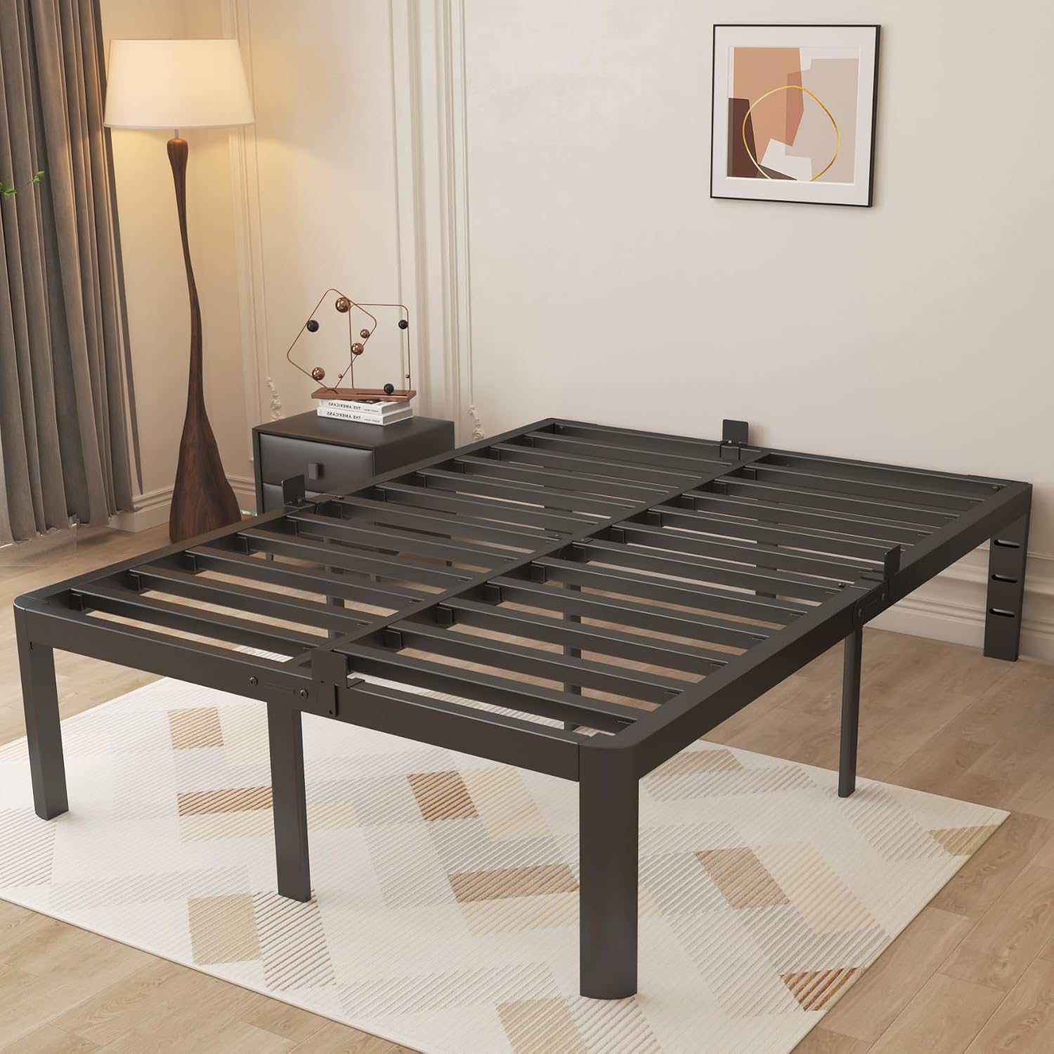 Full Size Bed Frame 16 Inch, Black Full Bed Frame with Anti-Slip Baffles, No Box Spring Needed, Heavy Duty Steel Platform Supprt, Rounded Corner Legs, Reserved Holes, Noiseless, Storage Space
