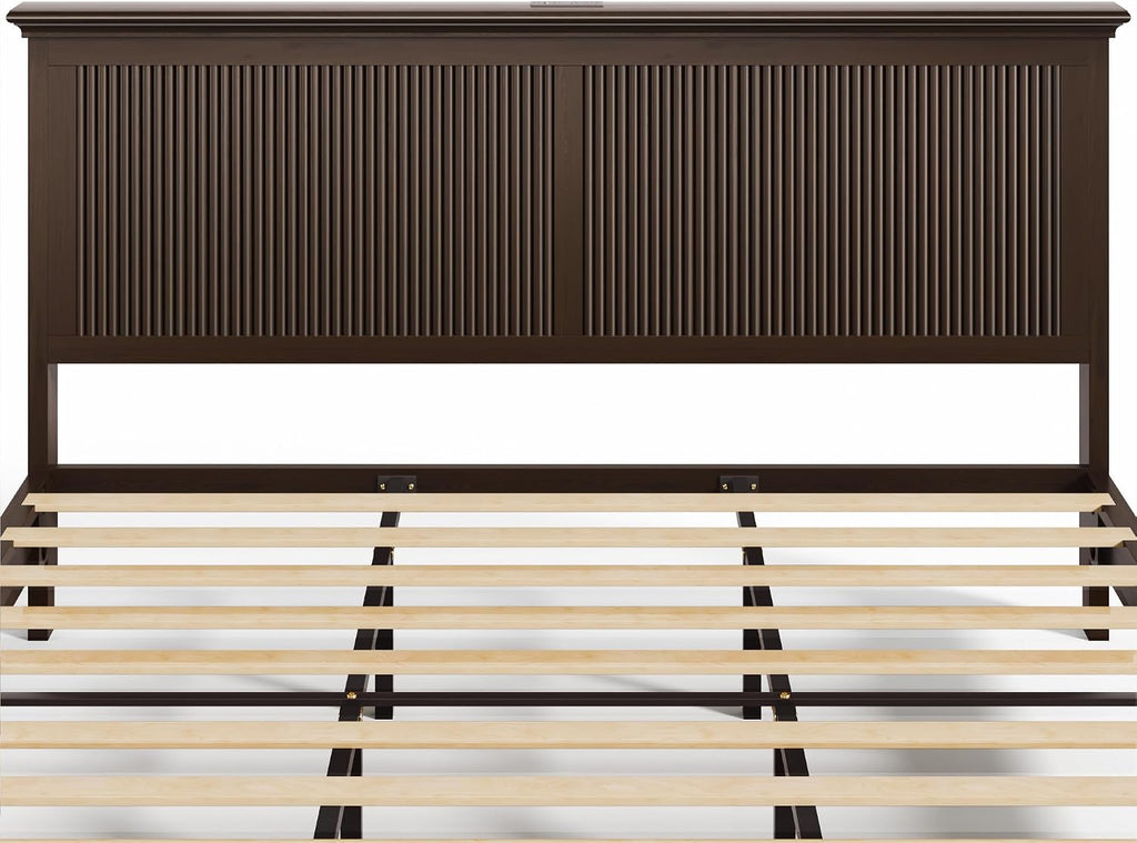Lifezone King Bed Frame with Headboard, Solid Wood Bed Frame King Size with Charging Station & RGB LED, Wood Slats Support, Noise-Free, Sturdy Structure, Easy Assembly, Walnut