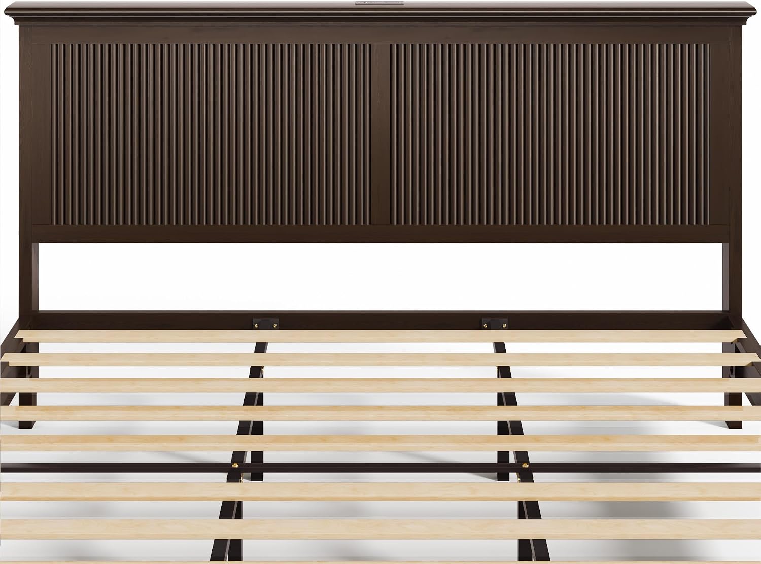 Lifezone King Bed Frame with Headboard, Solid Wood Bed Frame King Size with Charging Station & RGB LED, Wood Slats Support, Noise-Free, Sturdy Structure, Easy Assembly, Walnut