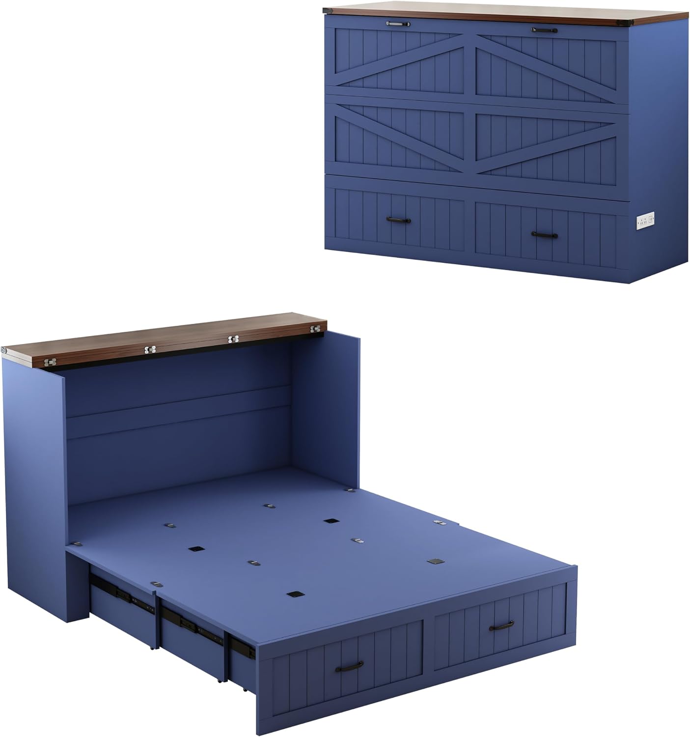 Queen Size Murphy Bed with Charging Station and Large Drawer, Farmhouse Cabinet Bed with Storage, Multifunctional Wood Hidden Folding Bed Frame for Bedroom, Blue