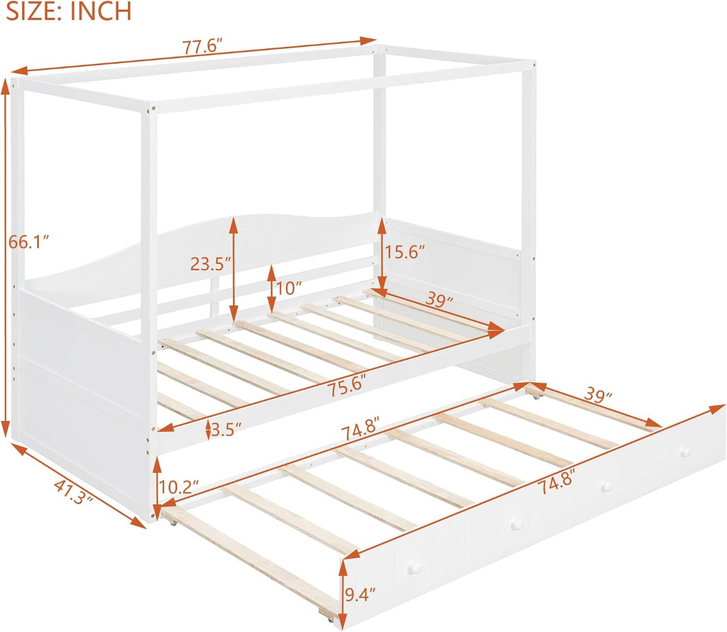 Harper & Bright Designs Twin Size Canopy Day Bed with Twin Size Trundle, White