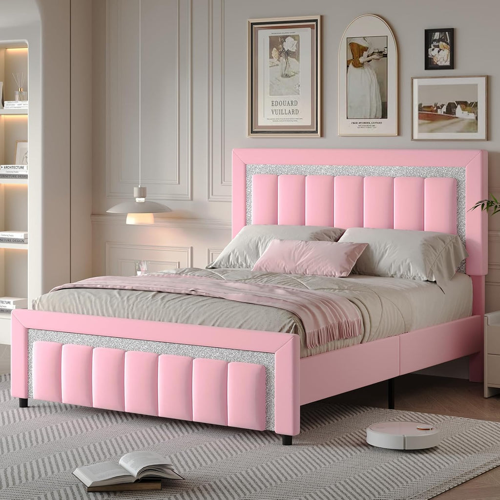 HOMBCK Queen Bed Frame, Upholstered Bed Frame with Diamond Headboard, Modern Queen Size Bed with Wooden Slats Support, Mattress Foundation, No Box Spring Needed, Easy Assembly, Pink
