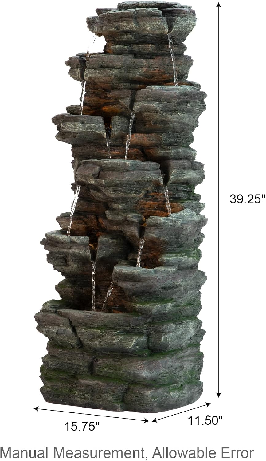 Glitzhome Outdoor Water Fountain, 9-Tiered Rock Floor Fountain with Cascading Water, 39.25' H Polyresin Waterfall Fountain with Pump and LED Light Outdoor Water Feature for Garden Yard Patio Porch
