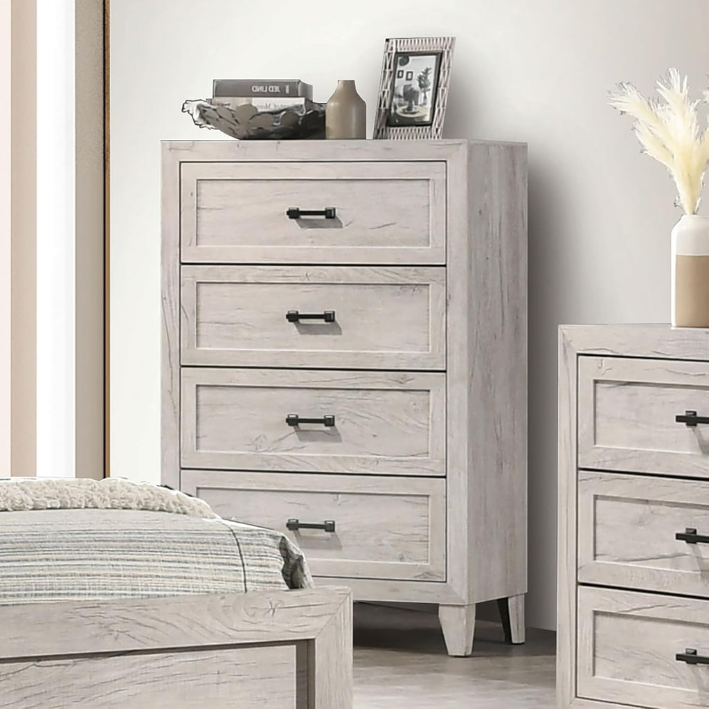 MASARA 5-Piece Contemporary Bedroom Set, Queen Size with Lighted Headboard Shelves, White Wash Finish.