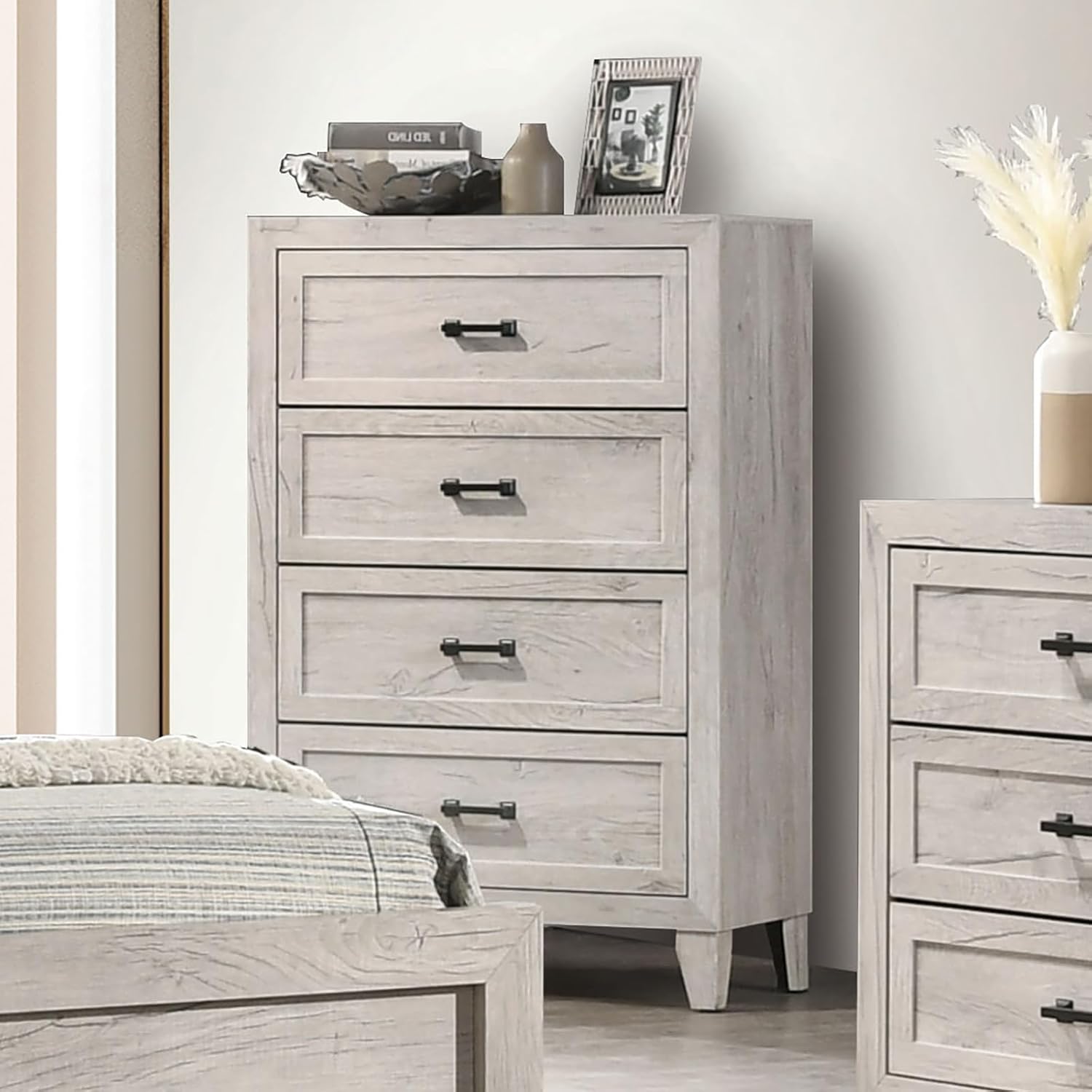 MASARA 5-Piece Contemporary Bedroom Set, Queen Size with Lighted Headboard Shelves, White Wash Finish.