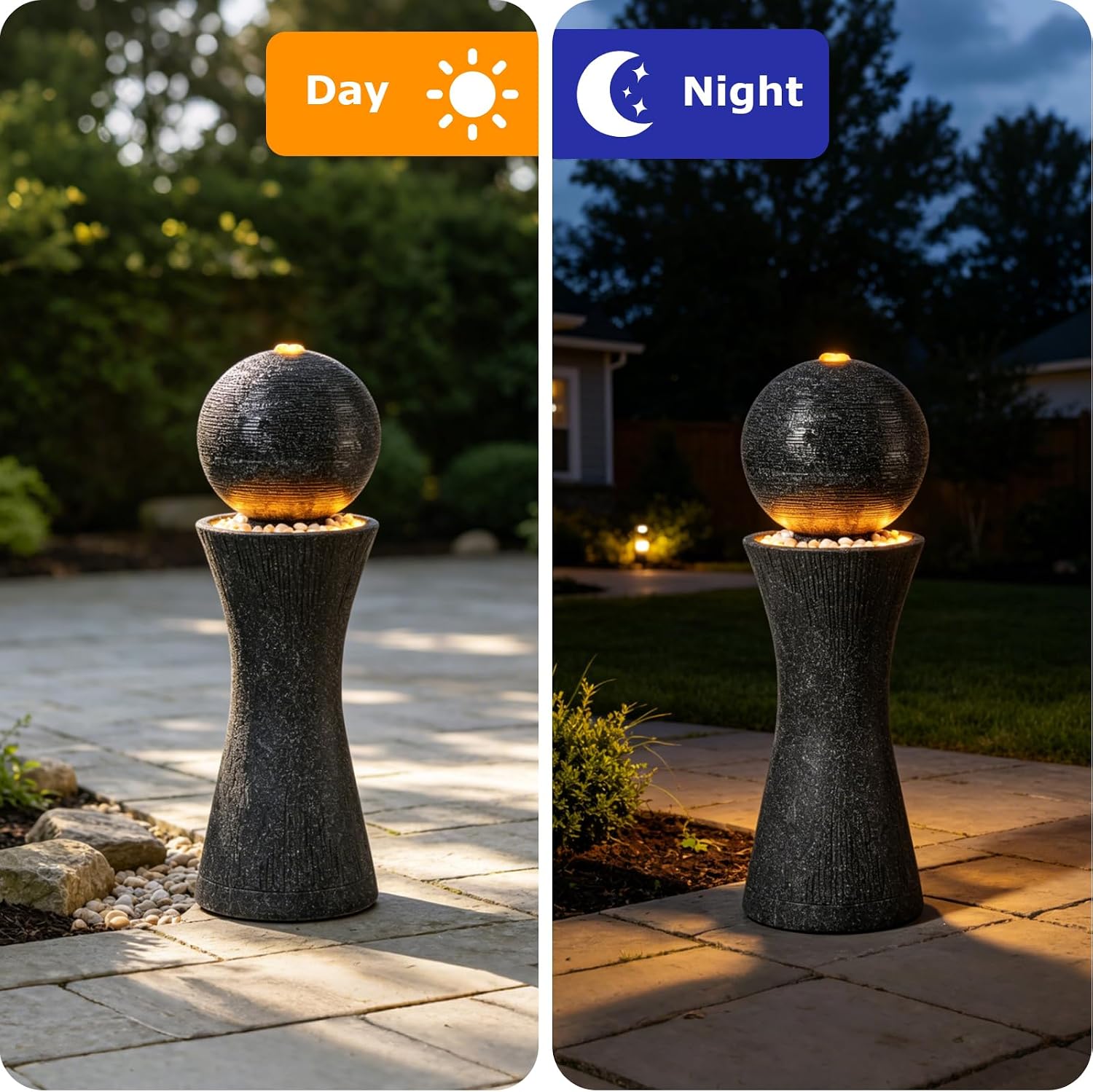 41.73' Tall Sphere Outdoor Water Fountain with LED Light, Modern Black Polyresin Sphere Floor Fountain Outdoor Water Feature with Curved Pedestal for Garden, Patio, Backyard, Porch and Home Art Decor