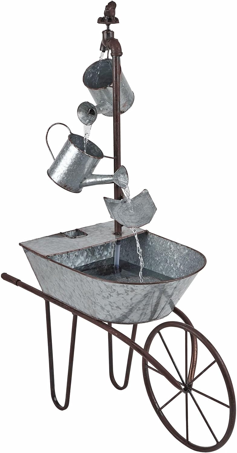 Alpine Corporation MCC574 Outdoor Floor Galvanized Shovel Pitcher Bucket Fountain, 41' Vintage Garden Water Feature, Patio & Backyard Décor, Gray