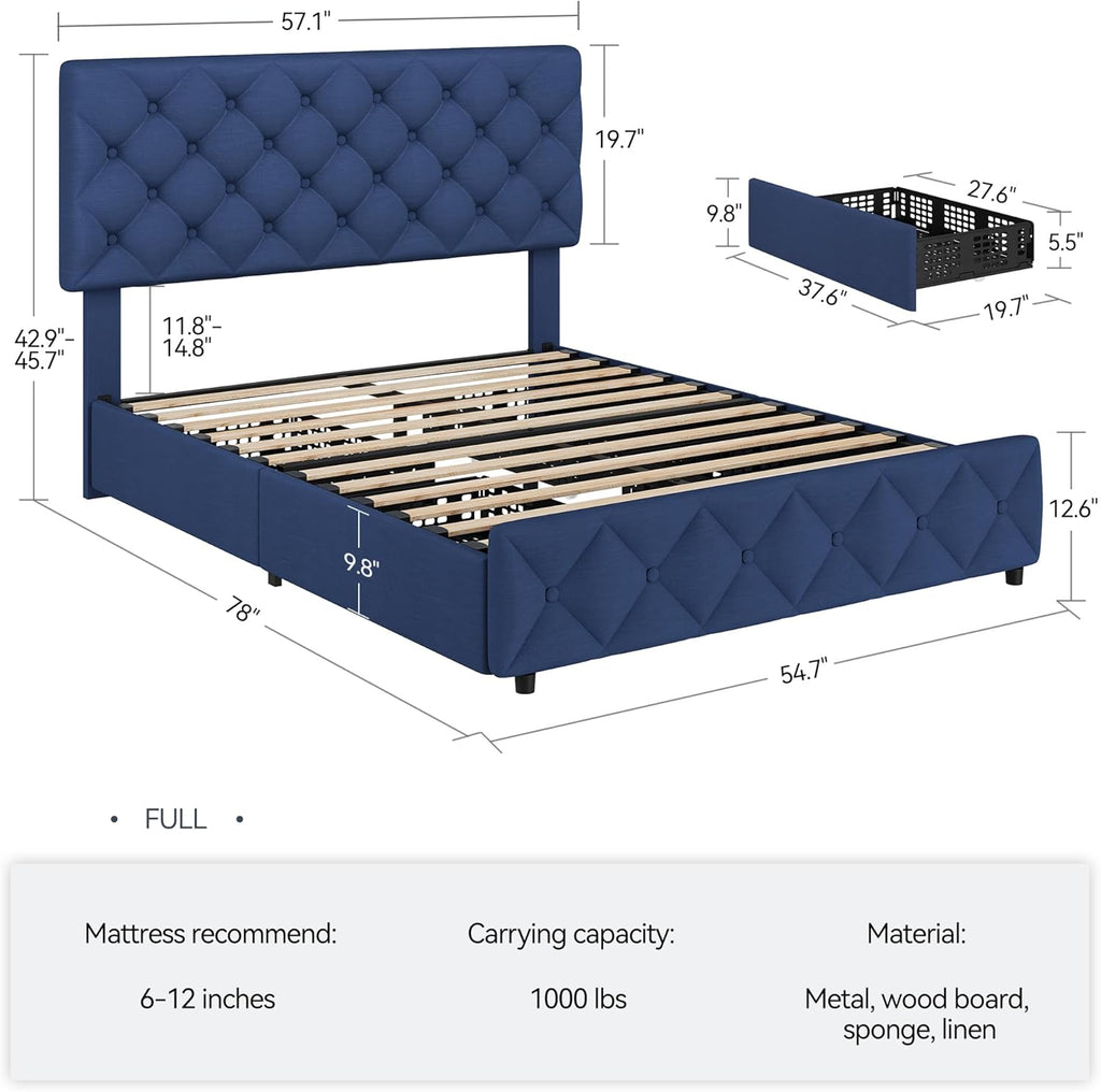 IDEALHOUSE Full Size Bed Frame with 4 Storage Drawers and Adjustable Headboard, Linen Upholstered Platform Beds, Diamond Stitched Button Tufted, No Box Spring Needed, Blue