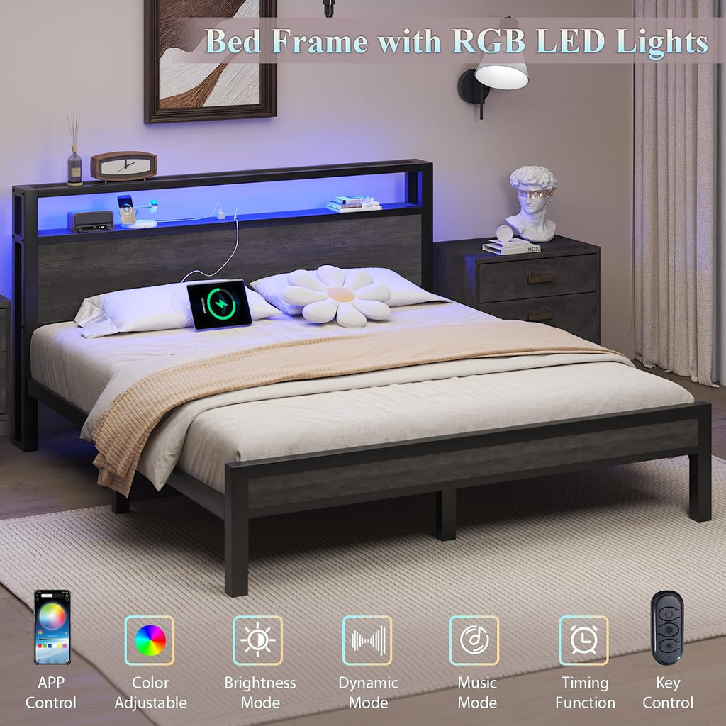 Full Size Bed Frame with Storage Headboard, Industrial Platform Bed with Charging Station and LED Lights, Heavy Duty Metal Slats, No Box Spring Need, Noise Free, Grey