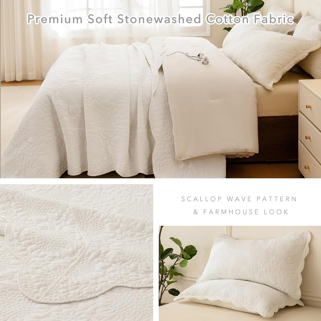 QSH Milk White Stonewashed Cotton Oversized King Bedspread (128'x120'),3PCs Farmhouse Rustic Wave Pattern Quilt California King, Soft Lightweight Crinkled Quilt Coverlet Bedding with Pillow Shams