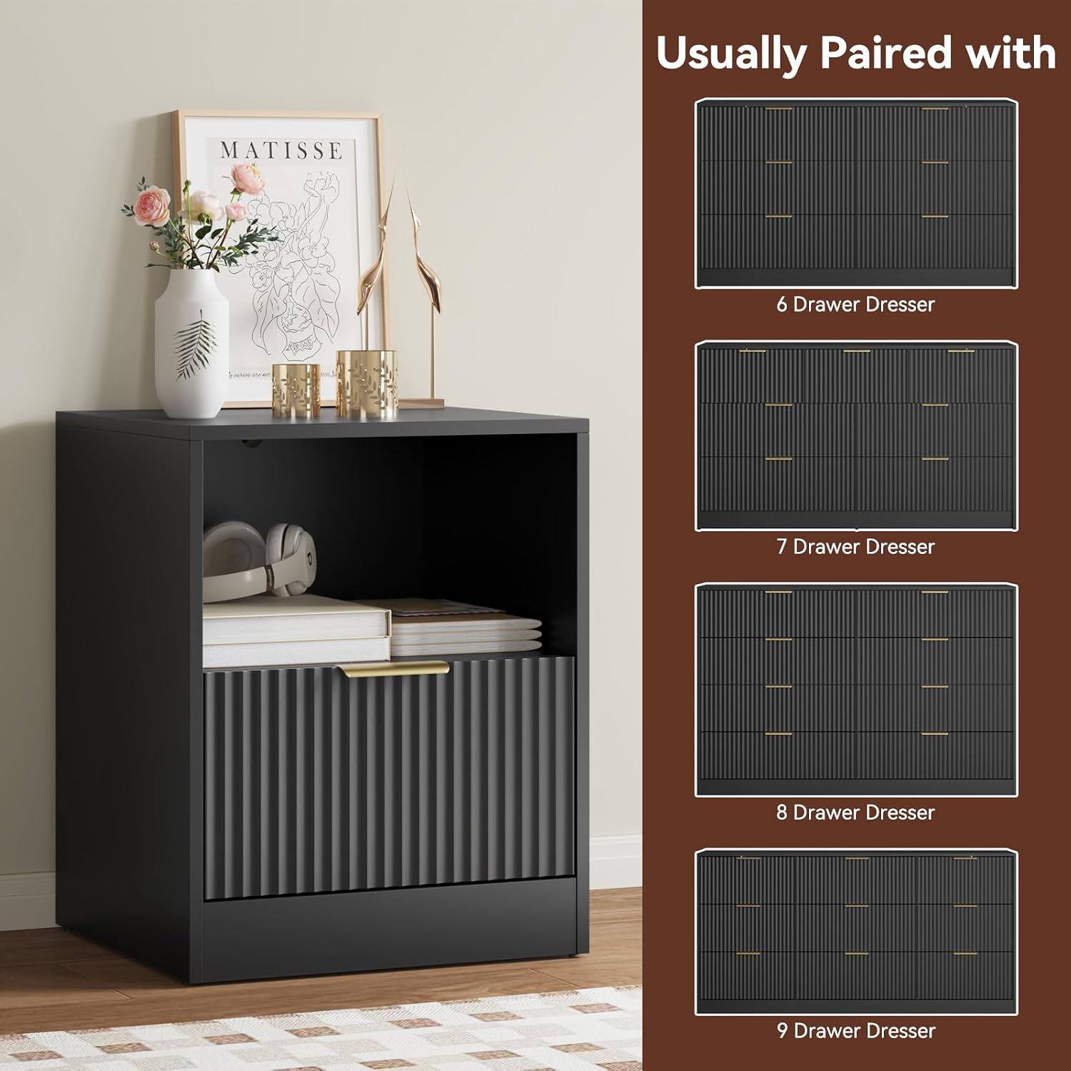 6 Drawer Dresser & Nightstand Set 3-Piece, 55' Wide Bedroom Set Night Stand Set of 2 with Metal Handle, Fluted Modern Wood Chest of Drawers Storage Dressers Set for Bedroom, Black