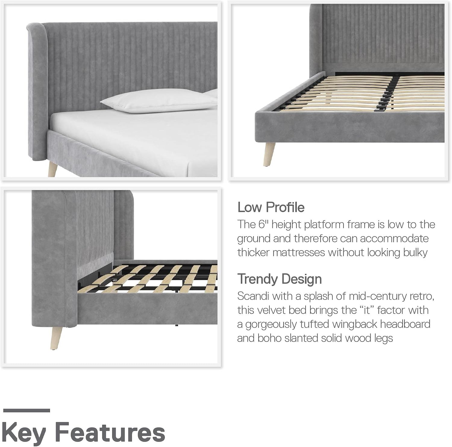 Novogratz Holly Upholstered Wingback Bed Frame, King, Light Gray Velvet