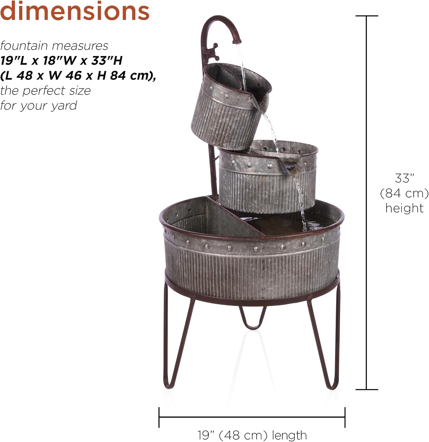 Alpine Corporation YHL684 33' Outdoor Floor 3-Tier Vintage Tubs and Planters Fountain, Rustic Metal Cascading Waterfall Feature for Gardens, Patios, and Yards, Silver
