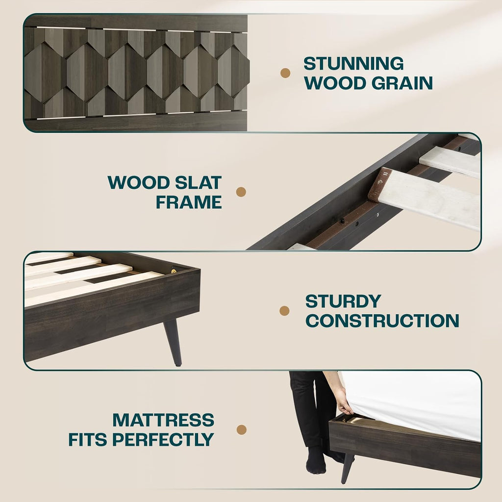 Bme Georgina Signature Mocha Bed Frame, Queen Bed Frame and Headboard Handcrafted Geometric, Mid Century Modern, Solid Acacia Wood, No Box Spring Needed, 12 Strong Wood Slats Support, Easy Assembly
