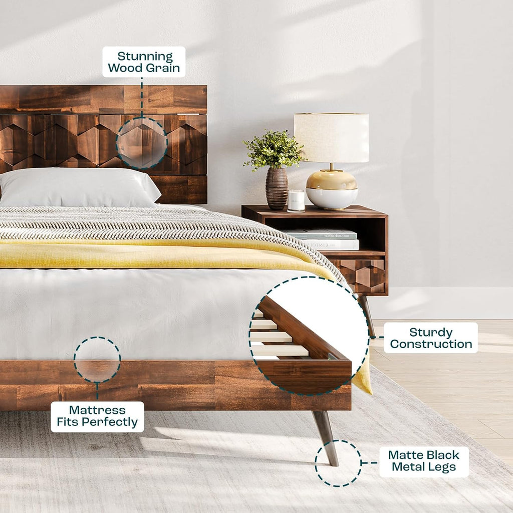 Bme Georgina Queen Bed Frame and Headboard, Signature Handcrafted Geometric Design, US Patent Pending Design, Solid Wood, No Box Spring Needed, 12 Strong Wood Slats Support, Easy Assembly, Dark Choco
