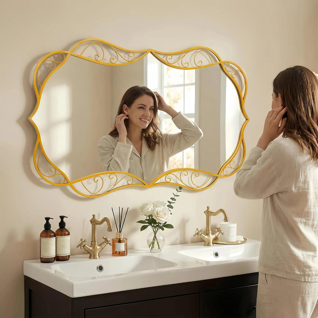 Besdomus Bathroom Gold Wall Mirror: 30'x48' Scalloped Modern Large Wall Mounted Mirror - Farmhouse Vanity Mirror Vertical or Horizontal Hanging - Home Decor for Bathroom/Living Room/Entryway