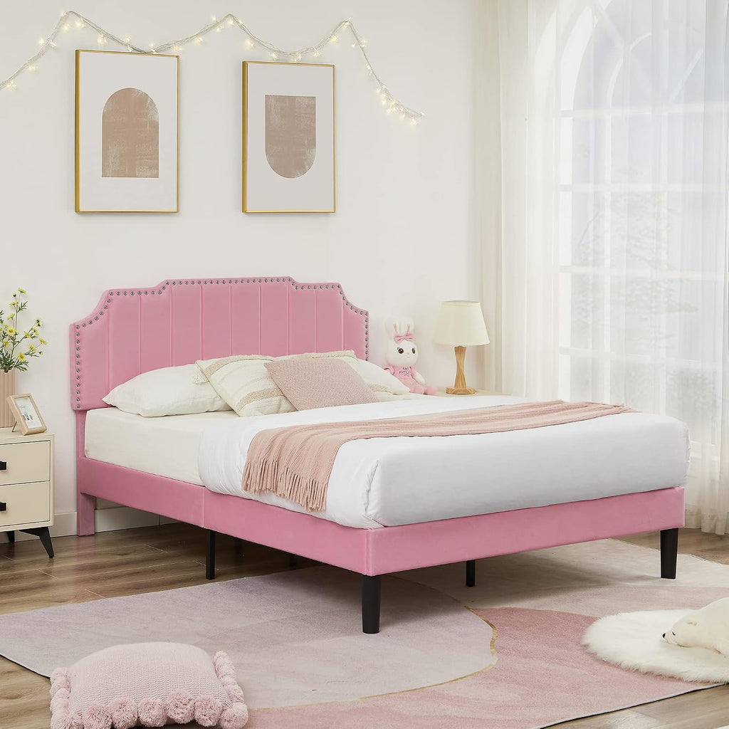 VECELO Full Upholstered Platform Bed Frame with 4 Storage Drawers,Velvet Vintage Full Bed with Nailhead Trim,Tufted Height Adjustable Headboard,Wooden Slats/No Box Spring Needed/Easy Assembly