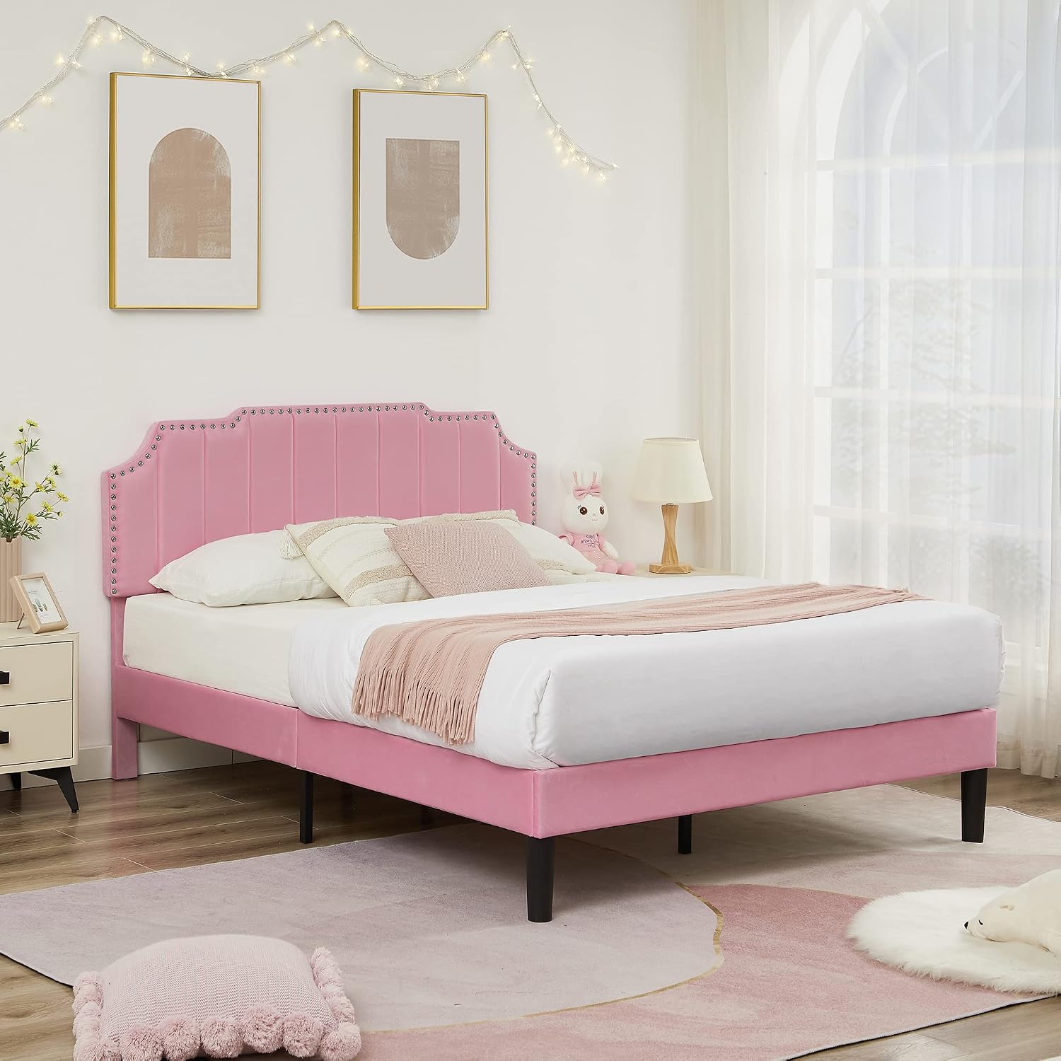 VECELO Full Upholstered Platform Bed Frame with 4 Storage Drawers,Velvet Vintage Full Bed with Nailhead Trim,Tufted Height Adjustable Headboard,Wooden Slats/No Box Spring Needed/Easy Assembly