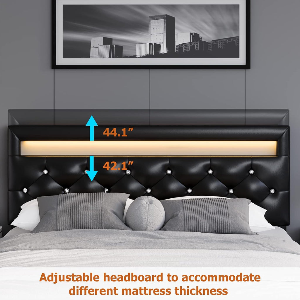 Keyluv Modern Upholstered Queen Bed Frame with LED Lights, Faux Leather Low Profile Platform Bed Frame, Adjustable Crystal Button Tufted Headboard, Strong Wood Slat Support, Easy Assembly, Black