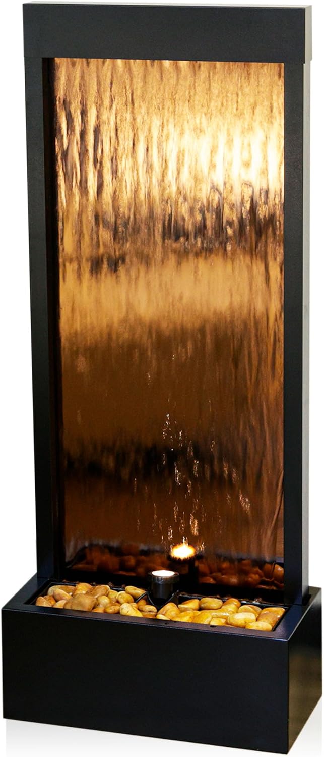 Alpine Corporation 48' Tall Indoor Modern Wall Mounted Zen Mirror Waterfall Floor Fountain with Stones and LED Lights Decor for Office, Living Room, Entryway, Bronze