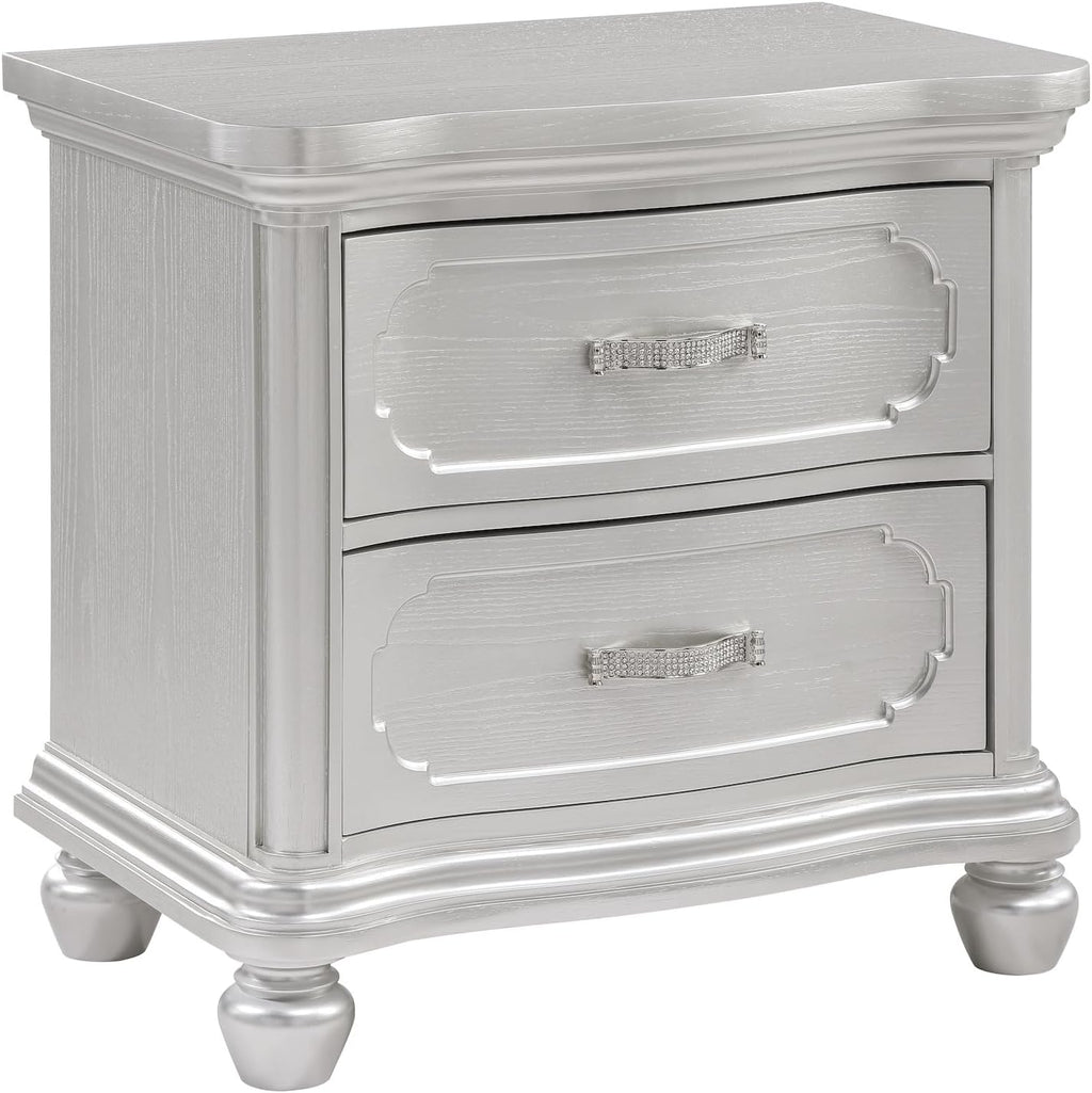 First of a Kind Roma Silver Finish Traditional 5 Piece Queen Bedroom Set with Upholstered Tufted Headboard Classic European Style Coordinated Furniture Collection