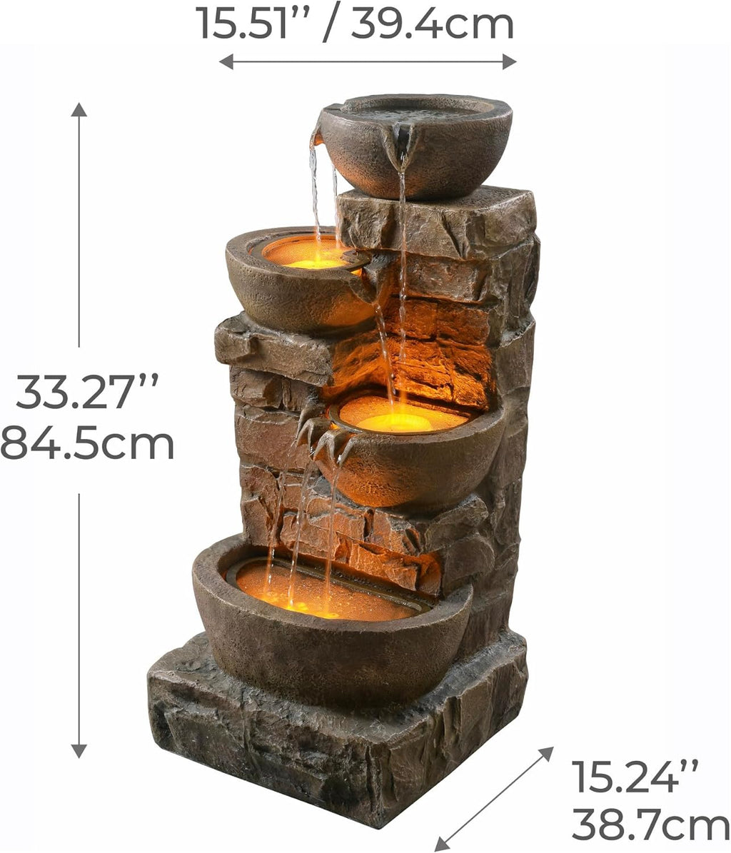 Teamson Home 33.27' Cascading Bowls & Stacked Stones LED Water Fountain for Outdoor Living Spaces, Brown