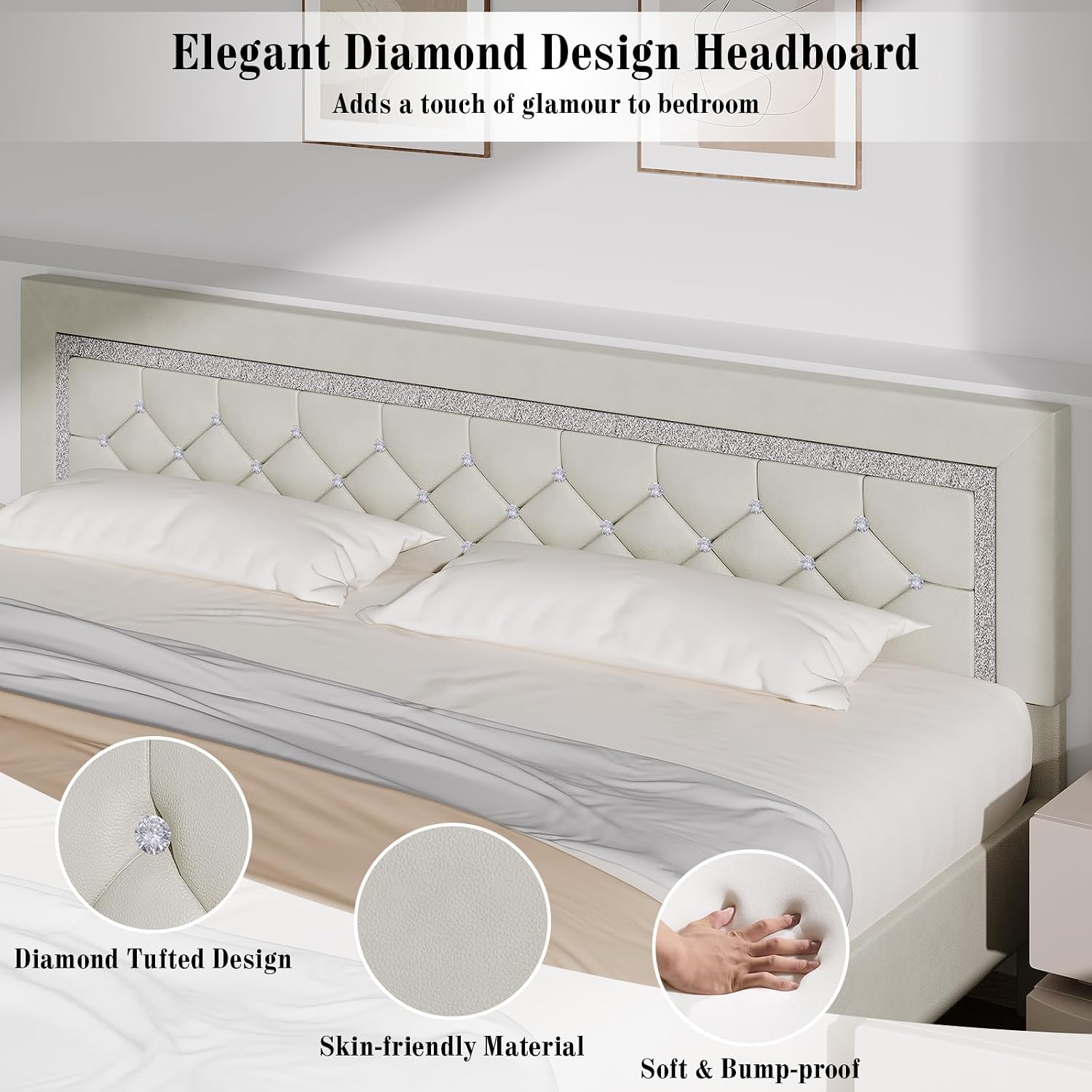 BarnFurin King Bed Frame with Diamond Tufted Headboard, Faux Leather Upholstered Bed with Wooden Slats Support, No Box Spring Needed, Mattress Foundation, Easy Assembly, Cream