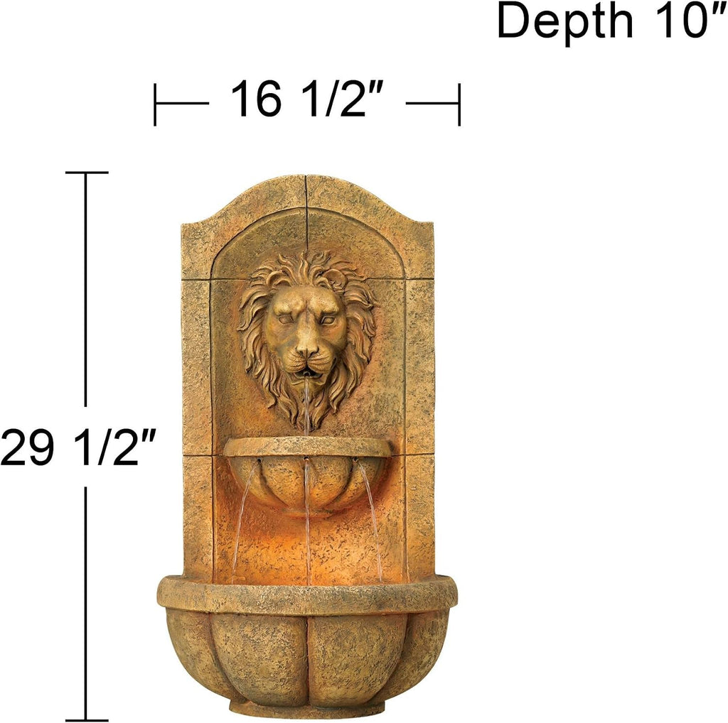 Royal Lion Head 29 1/2' High Large Italian Indoor Outdoor Decor Faux Stone Wall Fountain with Light LED Statue Waterfall Tiered Water Feature for Outside Garden Patio Yard Backyard - John Timberland