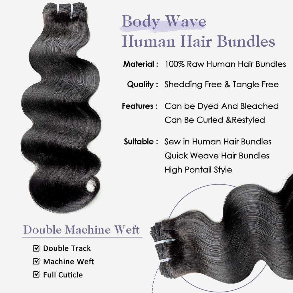 Body Wave Human Hair Bundles 12A Raw Bundles Human Hair,16 18 20 22 Inch Indian Virgin Bundles Human Hair Quick Weave, Triple Lifespan No Tangle Shedding Keep Texture Silky Soft After Multiple Washes