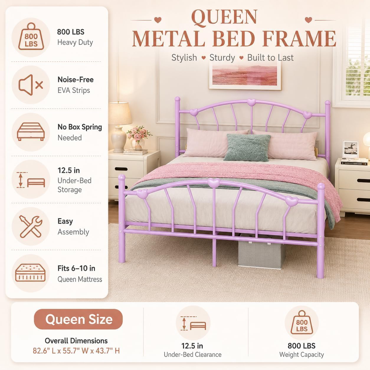 IMMERSTABLE Queen Bed Frame, Heart-Shaped Headboard Metal Platform Bed for Guest Room Bedroom, 12.5' Under Bed Storage, 800LBS Heavy Duty, Noise-Free, No Box Spring Needed, Easy Assembly, Purple