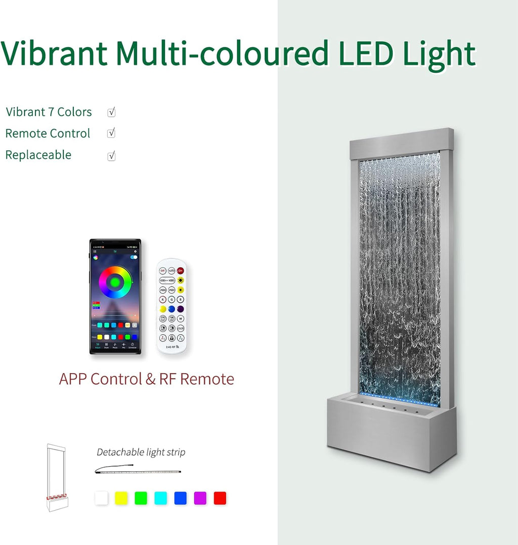 LONGRUN 48' Mirror Waterfall | Indoor Water Fountain with 7-Color LED Lights | Stainless Steel Self-Contained Waterfall Fountain for Home Decor | Large Indoor Water Feature Kit Mirrored Silver