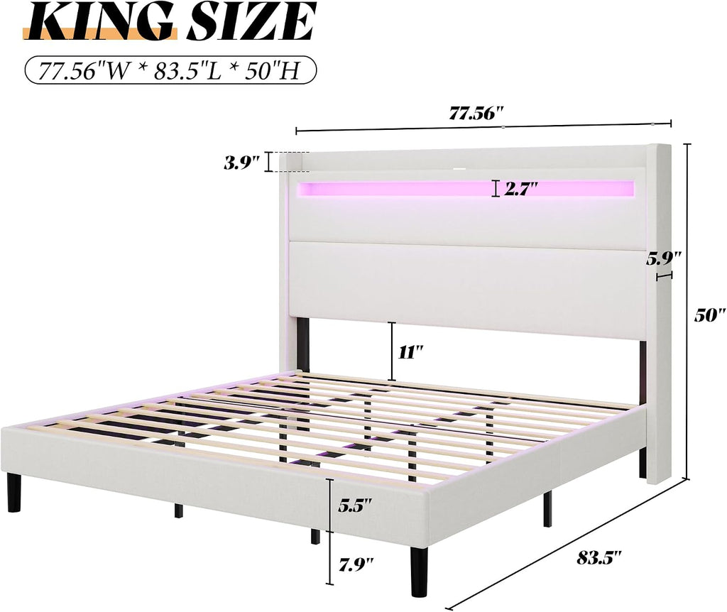 AMERLIFE King Bed Frame with LED Lights & Wingback Headboard, Upholstered Platform Bed with USB & USB-C Ports, No Box Spring Needed/Noise Free/White