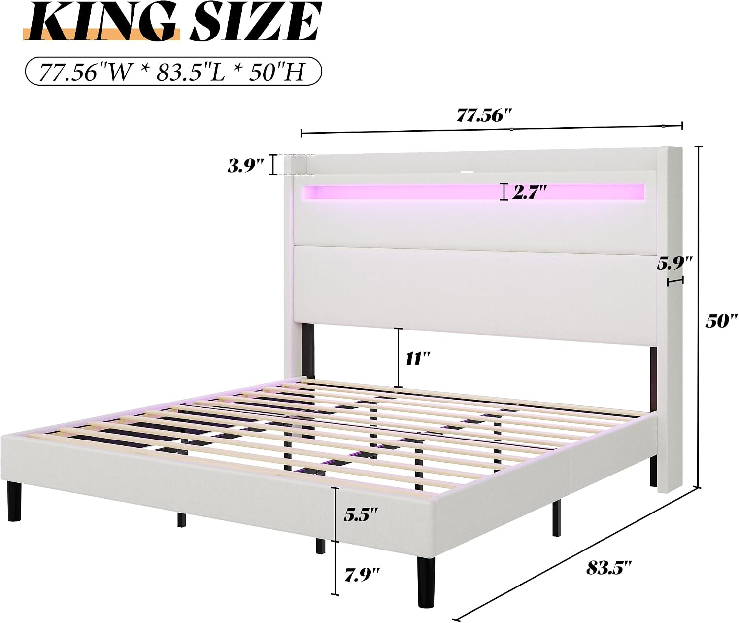 AMERLIFE King Bed Frame with LED Lights & Wingback Headboard, Upholstered Platform Bed with USB & USB-C Ports, No Box Spring Needed/Noise Free/White