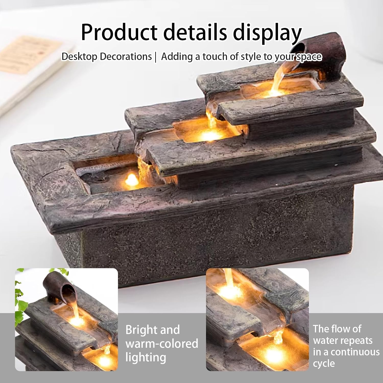 Tabletop Water Fountain, Resin, LED Light, Quiet Pump, Feng Shui, Desktop Waterfall, Cascading Feature, Zen Meditation, for Home Office Living Room Bedroom(A,9 * 4.1 * 5.3IN)
