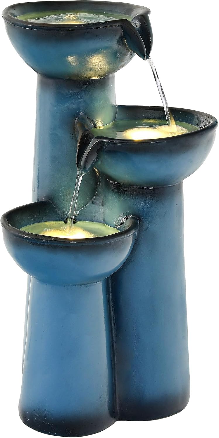 27' Outdoor Water Fountain with LED Lights, 3-Tier Cascading Faux Ceramic Column Water Feature with Pump for Garden Patio Backyard, Weather-Resistant Resin Waterfall for Serene Oasis, Blue